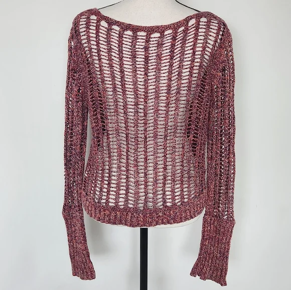 Free People Multicolored Open Knit Sweater Pull On Cropped Pink Red Purple Small - Picture 7 of 14